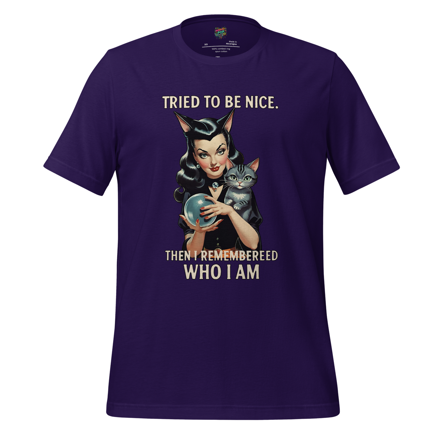 Retro-style pin-up witch with black cat and text “Tried to be nice. Then I remembered who I am.” — vintage Halloween design with sass and spellcraft
