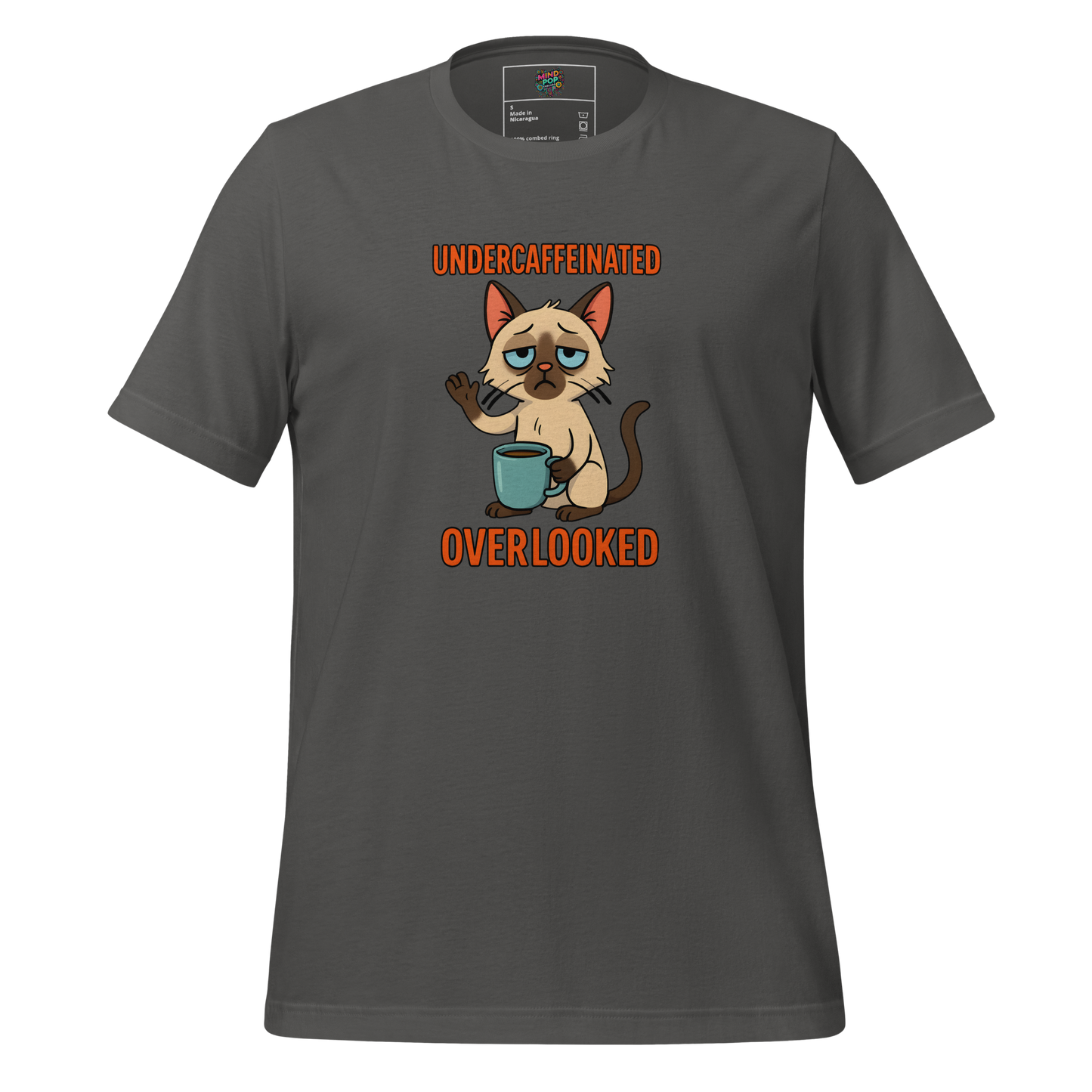 Funny cat shirt featuring a tired office cat slumped over a coffee mug with the words “Undercaffeinated / Overlooked” — sarcastic workwear for the chronically ignored