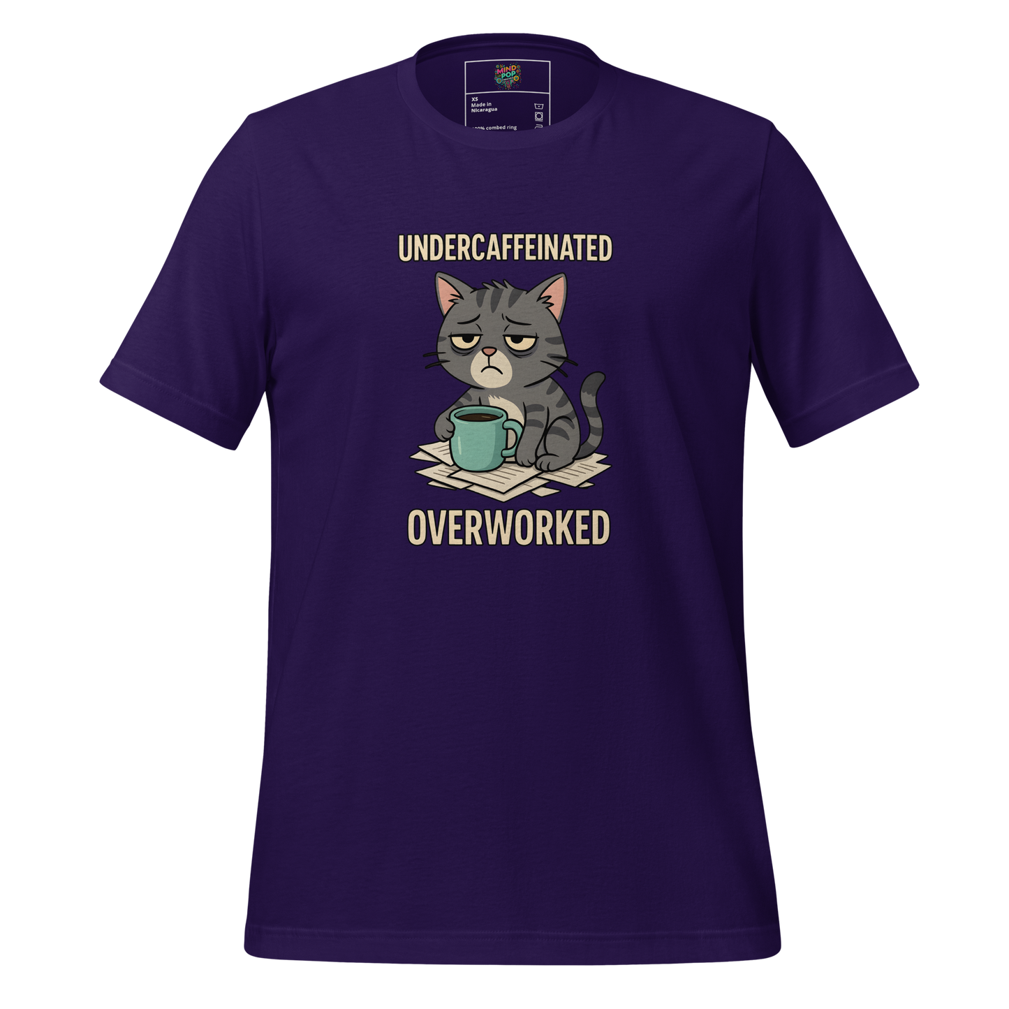 Funny work shirt featuring a slumped cat with droopy eyes and an empty mug, text reads “Undercaffeinated / Overworked” — perfect for tired professionals and office zombies