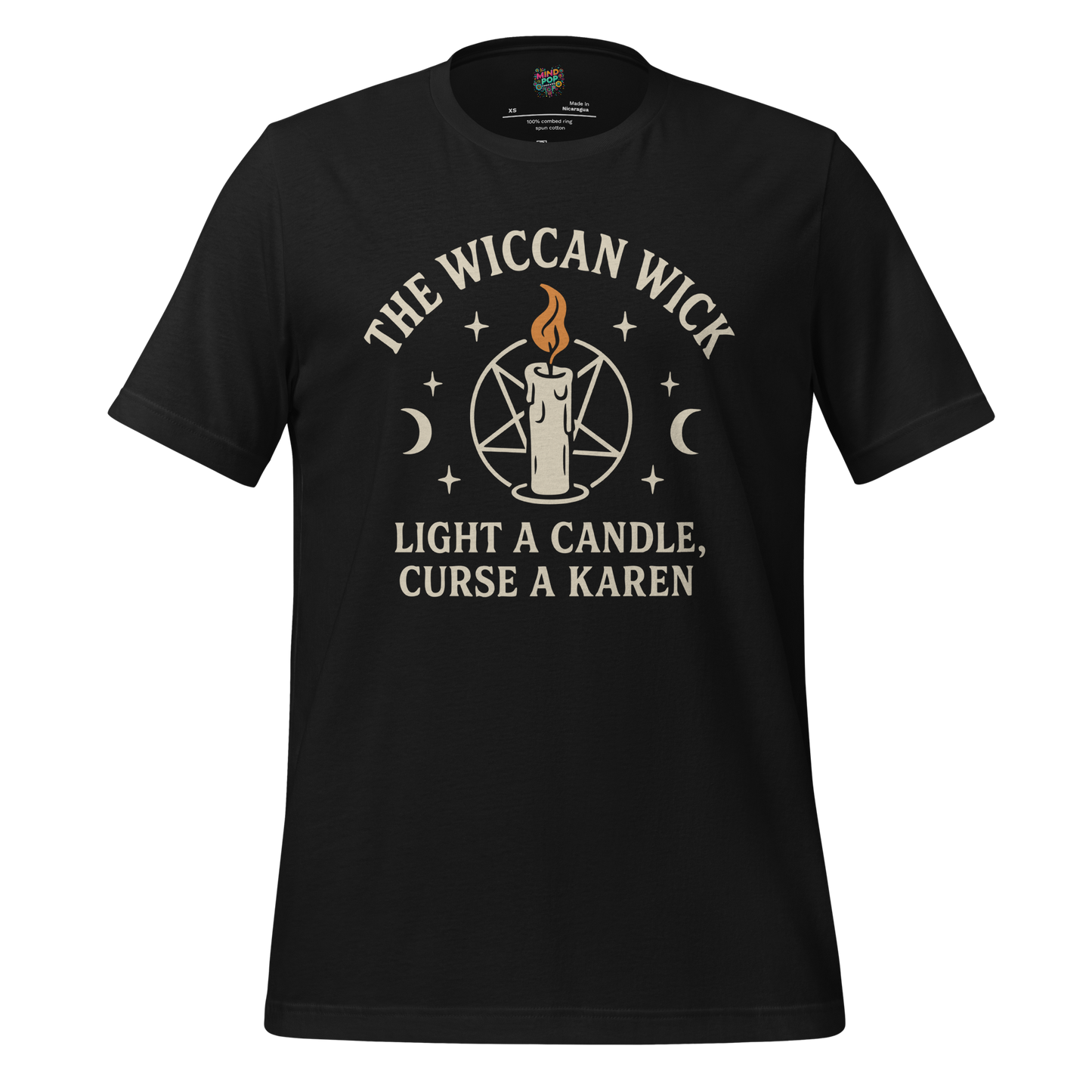 Funny witchy shirt with candle-themed cult design and the phrase “The Wiccan Wick – Light It Up and Manifest the Vibe” — perfect for chaotic spiritualists and coven comedy fans
