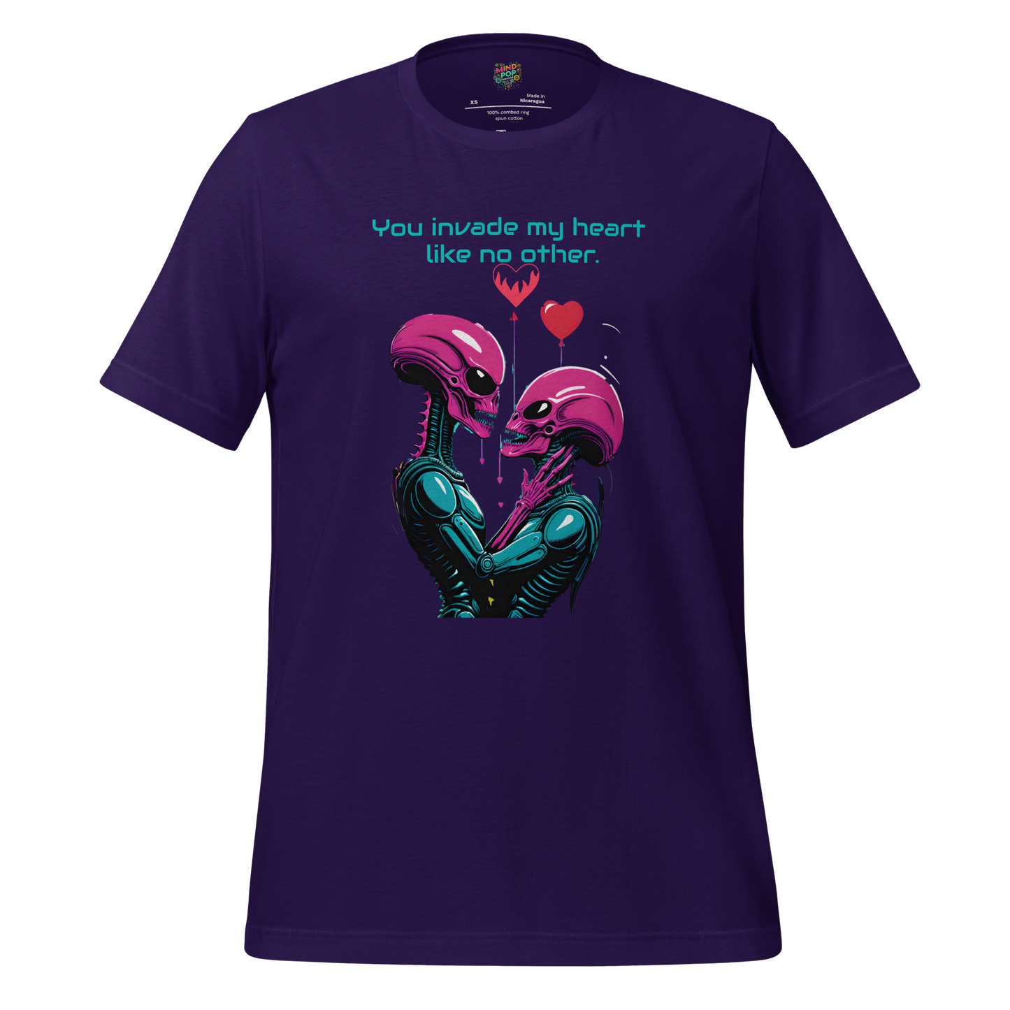 Cute cartoon alien with hearts and the phrase “You Invade My Heart Like No Other” — funny sci-fi Valentine shirt for extraterrestrial lovers