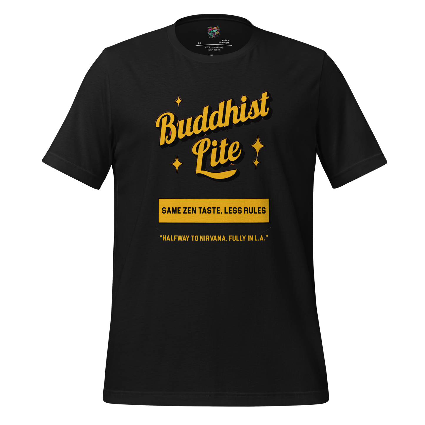 Funny Buddhism t-shirt with retro graphic and the text Buddhist Lite on the front.