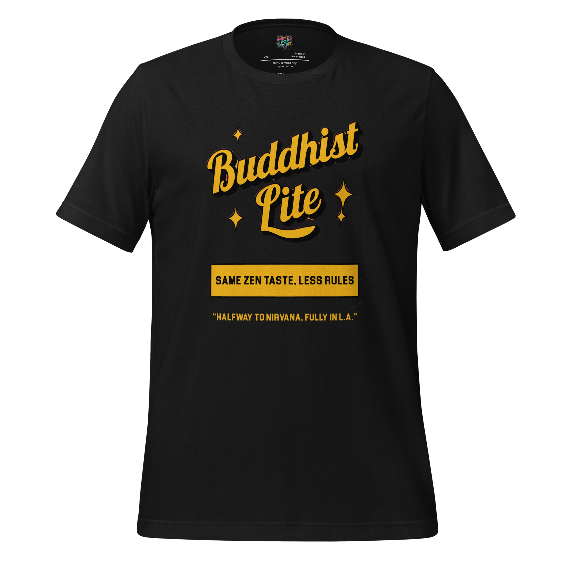 Funny Buddhism t-shirt with retro graphic and the text Buddhist Lite on the front.