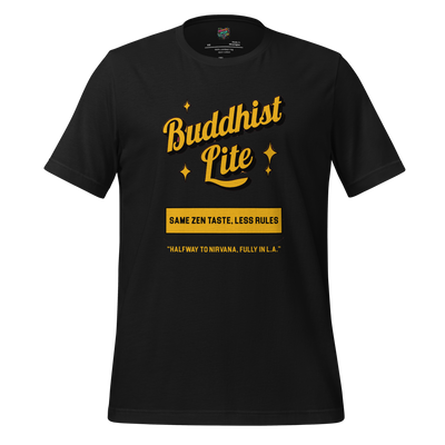 Funny Buddhism t-shirt with retro graphic and the text Buddhist Lite on the front.