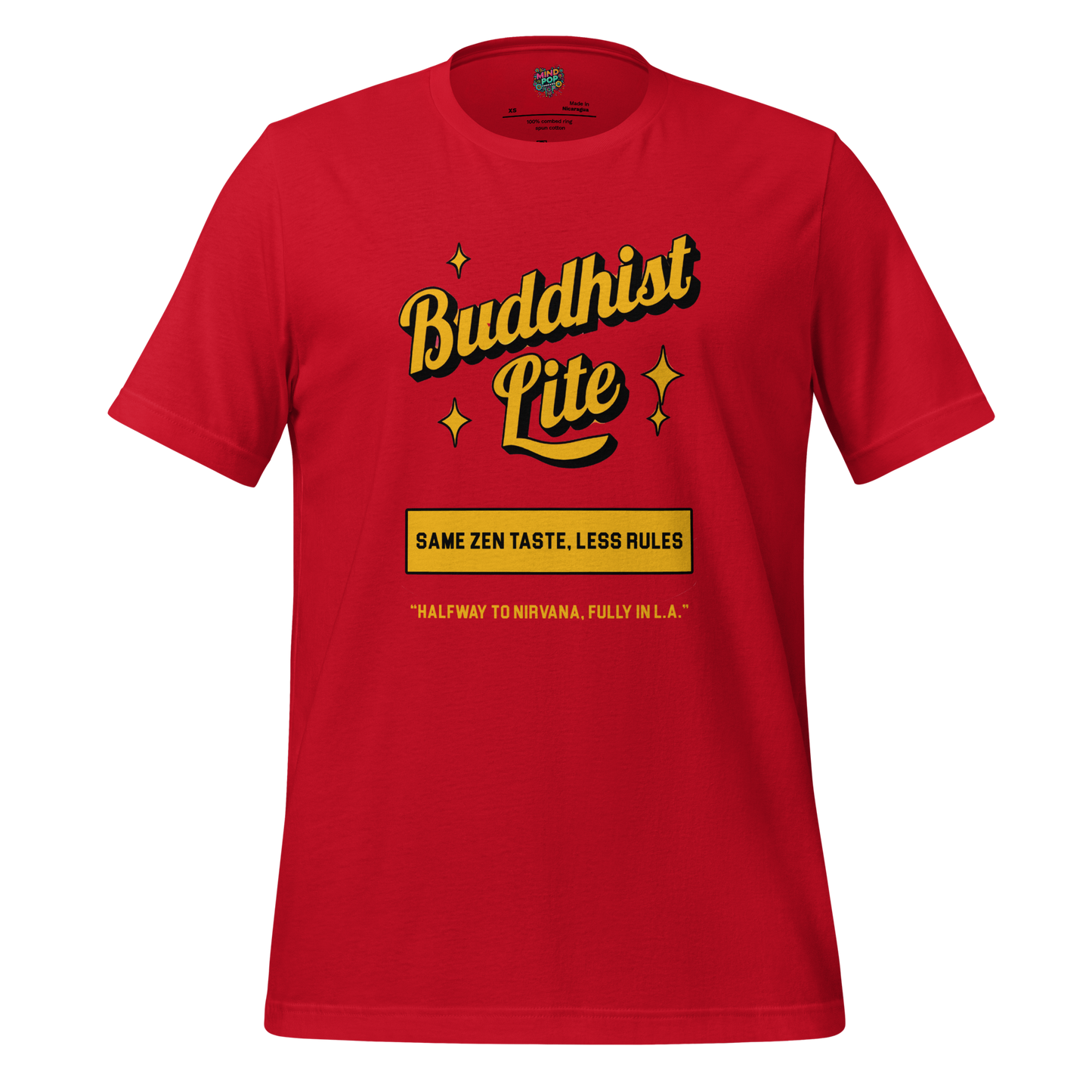 Funny Buddhism t-shirt with retro graphic and the text Buddhist Lite on the front.