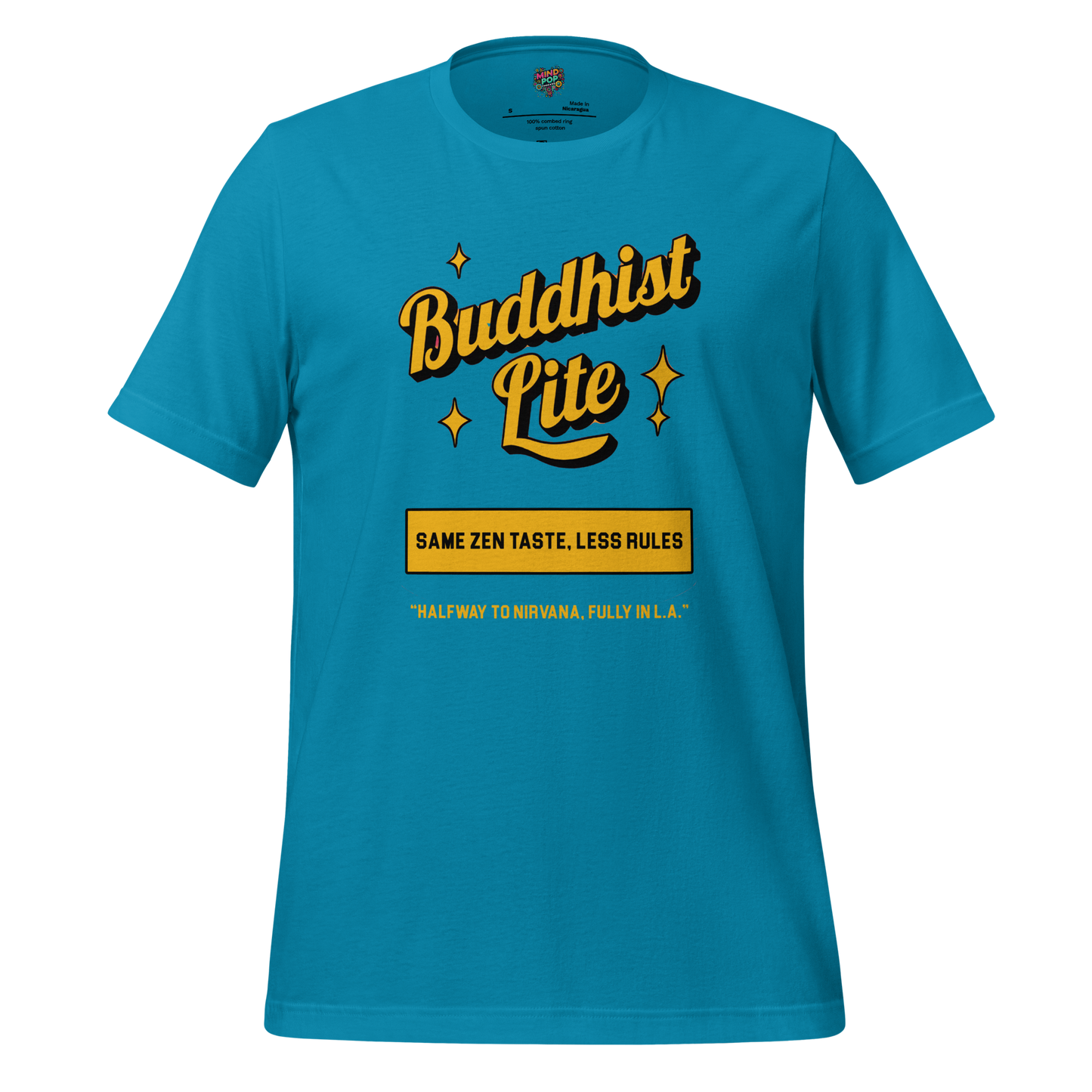 Funny Buddhism t-shirt with retro graphic and the text Buddhist Lite on the front.