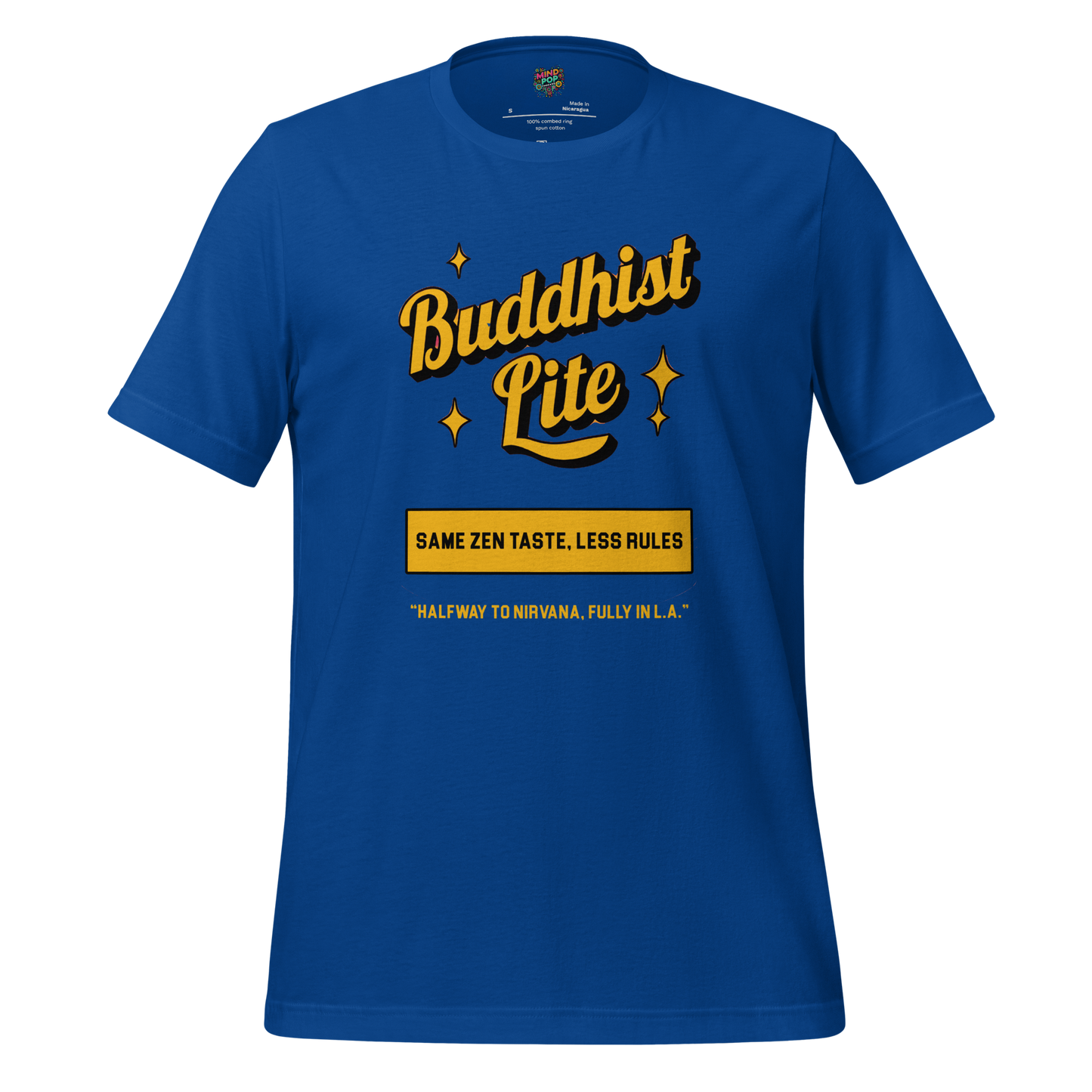 Funny Buddhism t-shirt with retro graphic and the text Buddhist Lite on the front.