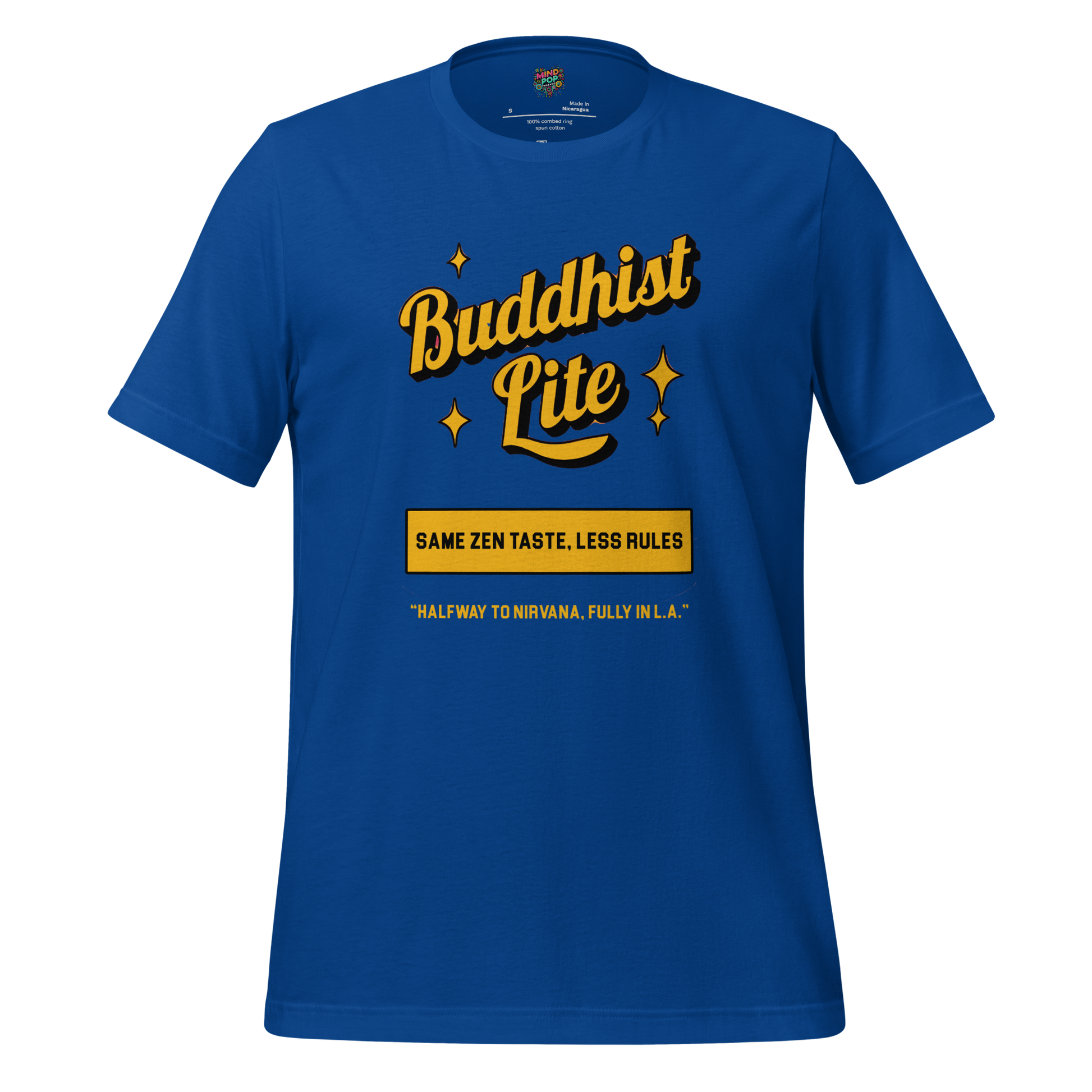 Funny Buddhism t-shirt with retro graphic and the text Buddhist Lite on the front.