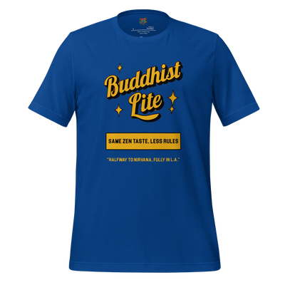 Funny Buddhism t-shirt with retro graphic and the text Buddhist Lite on the front.