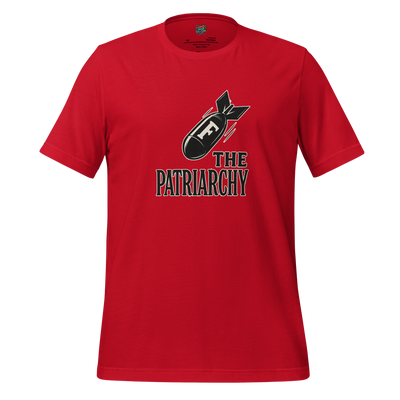 Text reading “fuck the patriarchy” with bombs dropping on the lettering