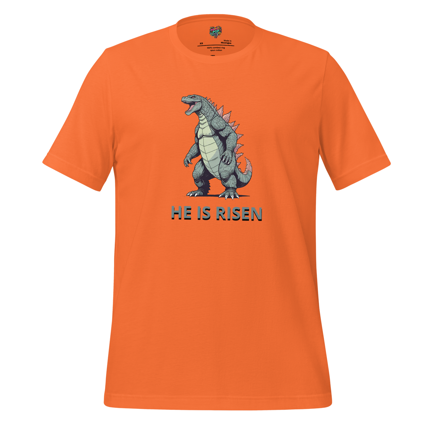 Funny Easter shirt featuring a Godzilla-style monster rising from the sea with bold text “He Is Risen” — irreverent design blending resurrection with giant monster chaos