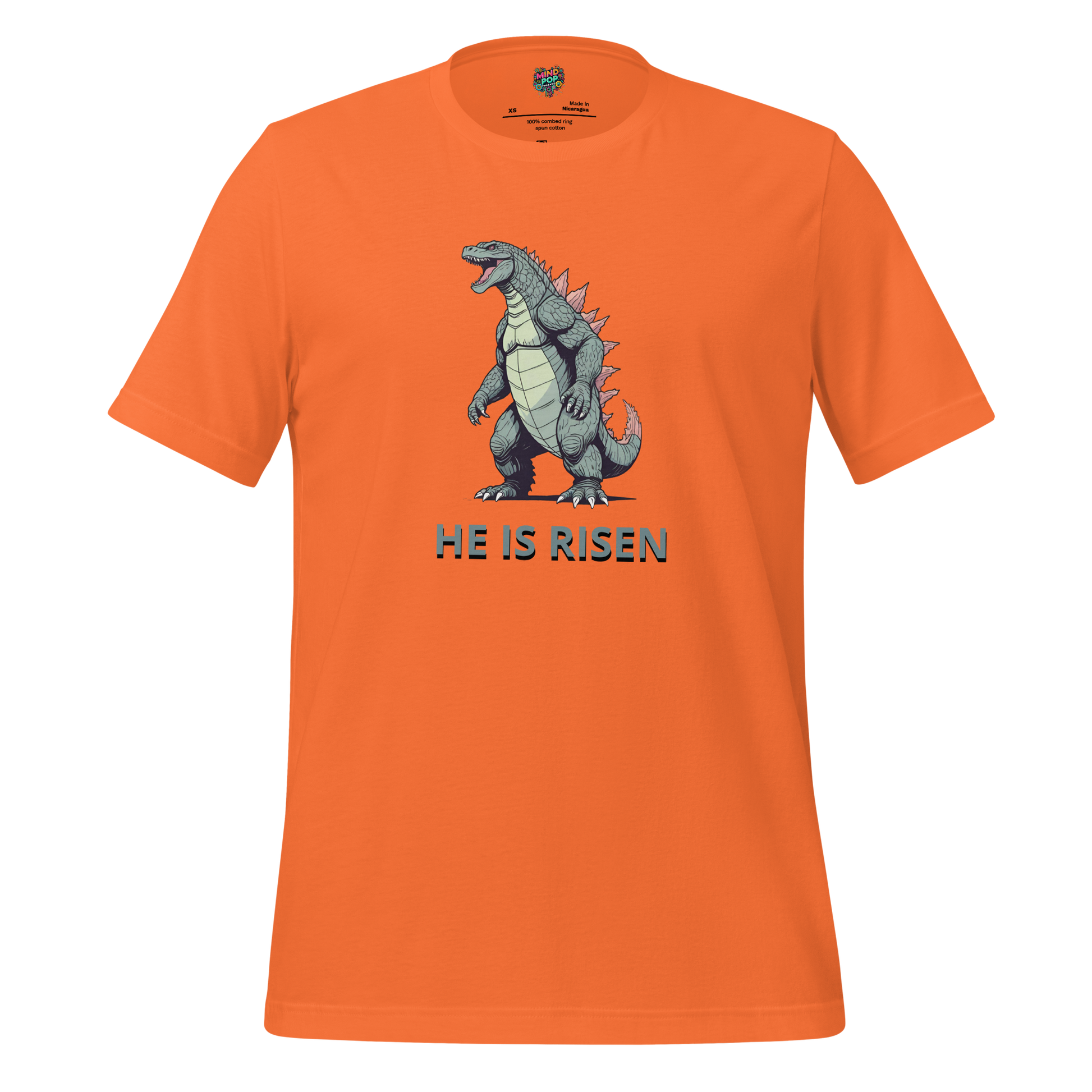 Funny Easter shirt featuring a Godzilla-style monster rising from the sea with bold text “He Is Risen” — irreverent design blending resurrection with giant monster chaos