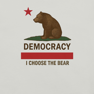 California bear graphic inspired by the California state flag with the text “I Choose Democracy.”