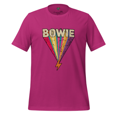 Text radiating from iconic lightning bolt design in tribute to David Bowie — minimalist graphic celebrating glam rock and legendary style

