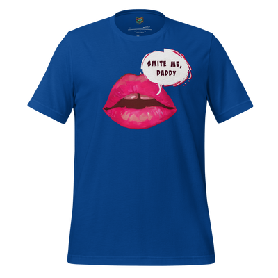 Bold graphic of lips with lightning and text “Smite Me Daddy” — irreverent design blending divine wrath and chaotic thirst with snarky style
