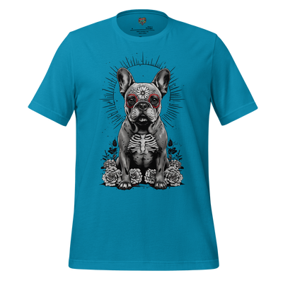 Black and white illustration of a French bulldog dog with sugar skull styling