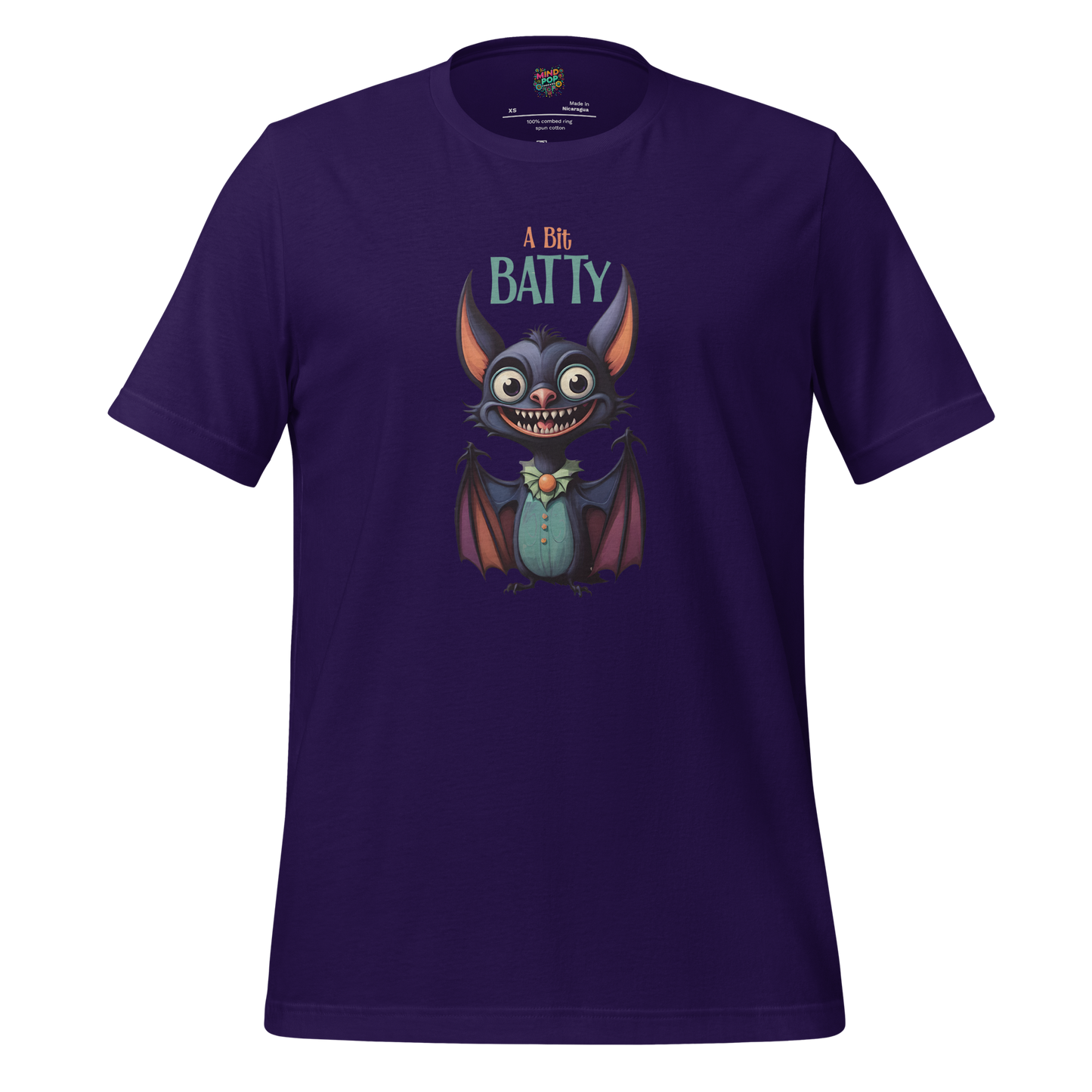 Funny Halloween shirt with a wide-eyed cartoon bat and the phrase “A Bit Batty” — cute and chaotic tee for spooky season and emotionally unstable animal lovers