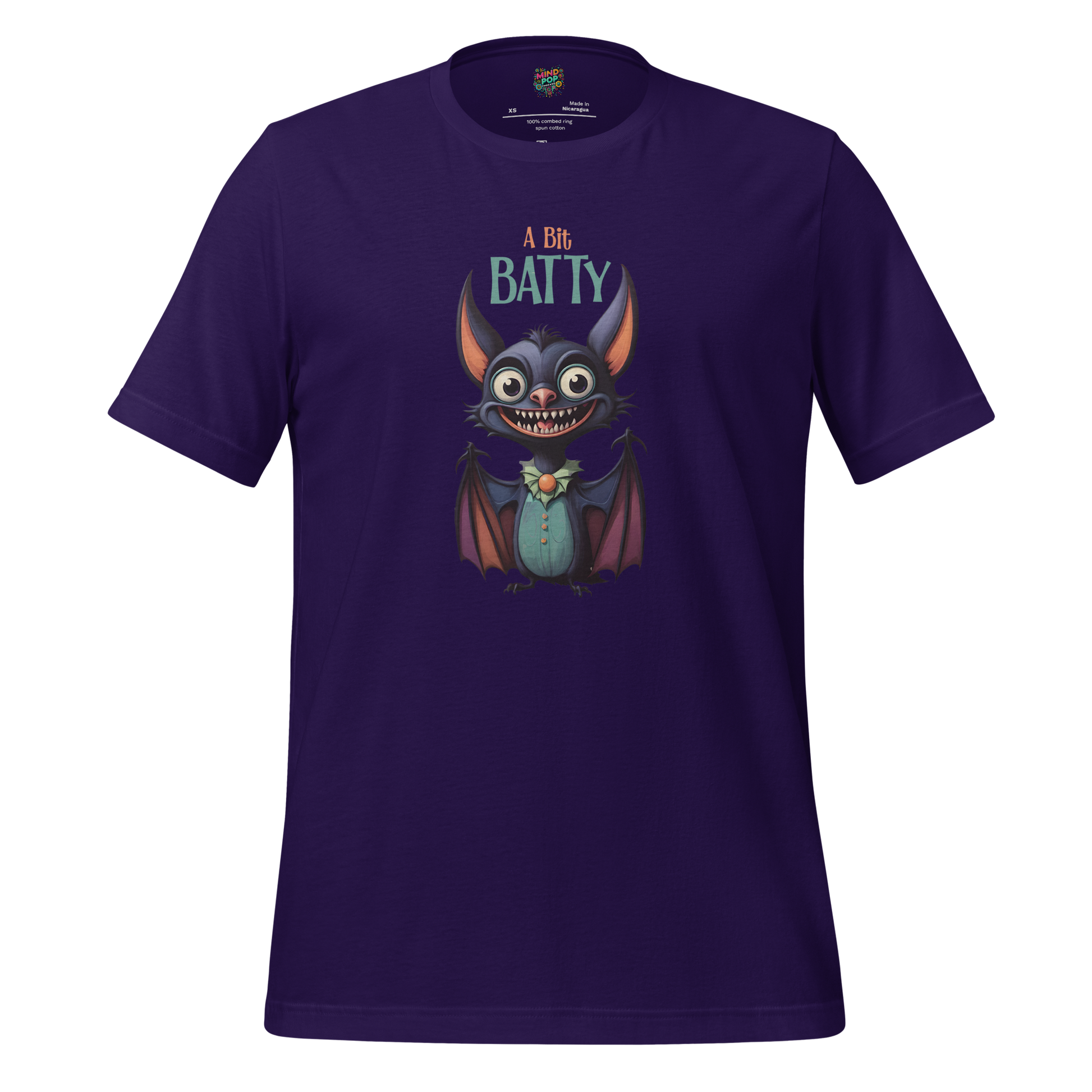 Funny Halloween shirt with a wide-eyed cartoon bat and the phrase “A Bit Batty” — cute and chaotic tee for spooky season and emotionally unstable animal lovers