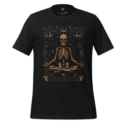 Meditating skeleton inside an occult-style ritual circle with text “As Within, So Without” — mystical tarot-inspired design with gothic balance vibes
