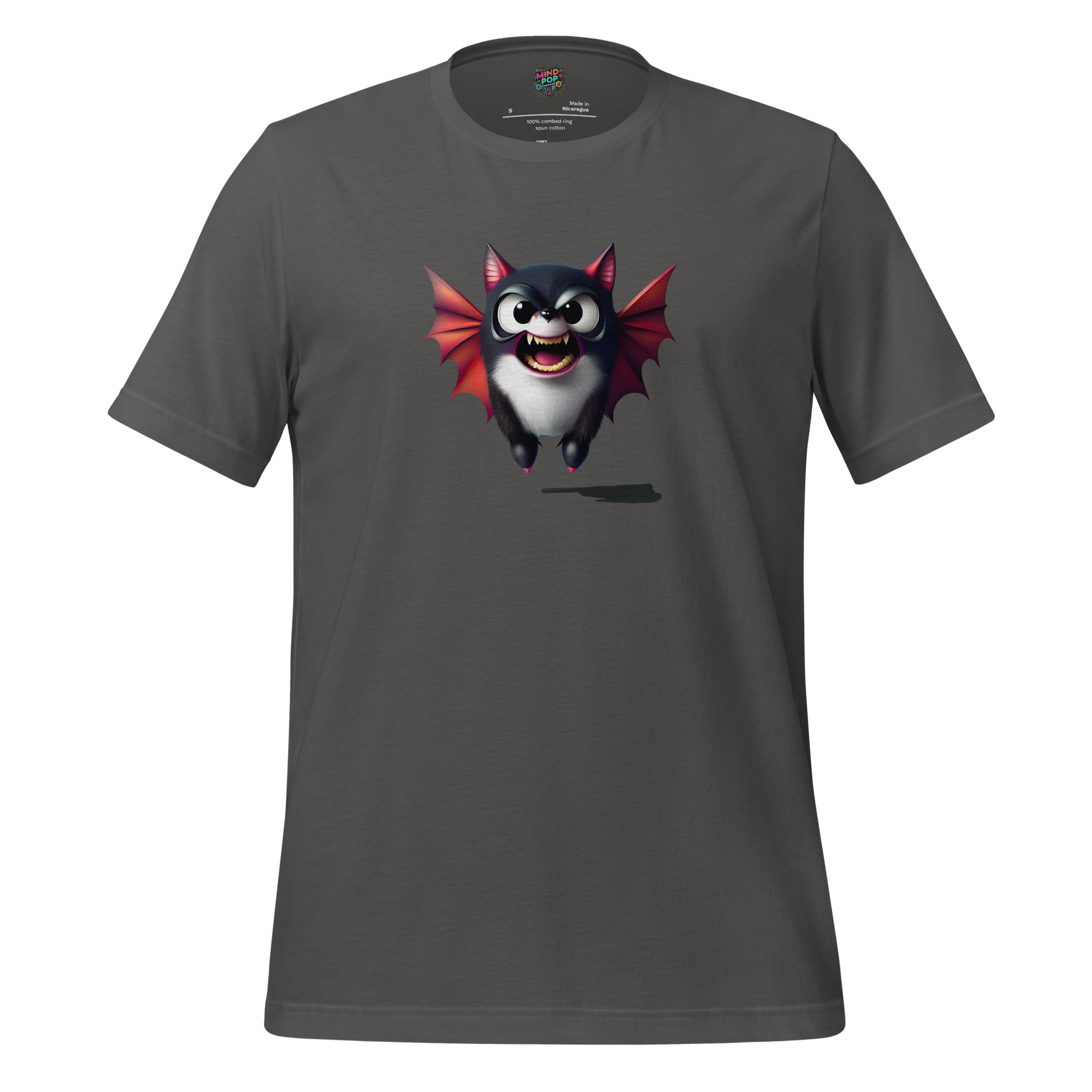 Funny Halloween shirt featuring a graphic-only design of a chaotic bat-dog hybrid — no text, just an adorable flying pup with fangs and wings