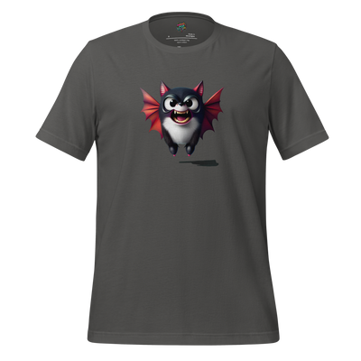 Funny Halloween shirt featuring a graphic-only design of a chaotic bat-dog hybrid — no text, just an adorable flying pup with fangs and wings