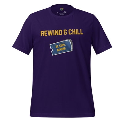 Retro Blockbuster-style design with text “Be Kind, Rewind & Chill” — nostalgic nod to VHS culture and Gen X movie nights
