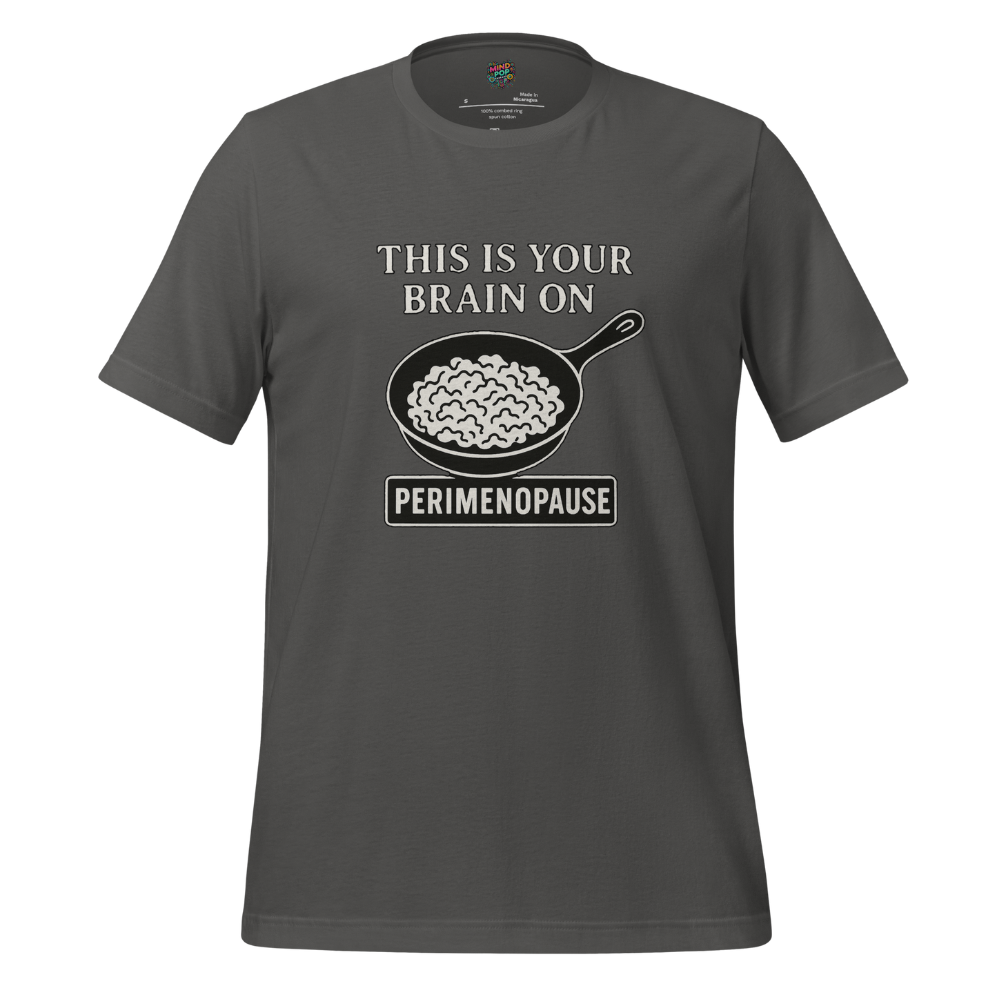 Black and white line drawing of scrambled eggs in a skillet with caption “This Is Your Brain on Perimenopause” — humorous take on hormone chaos
