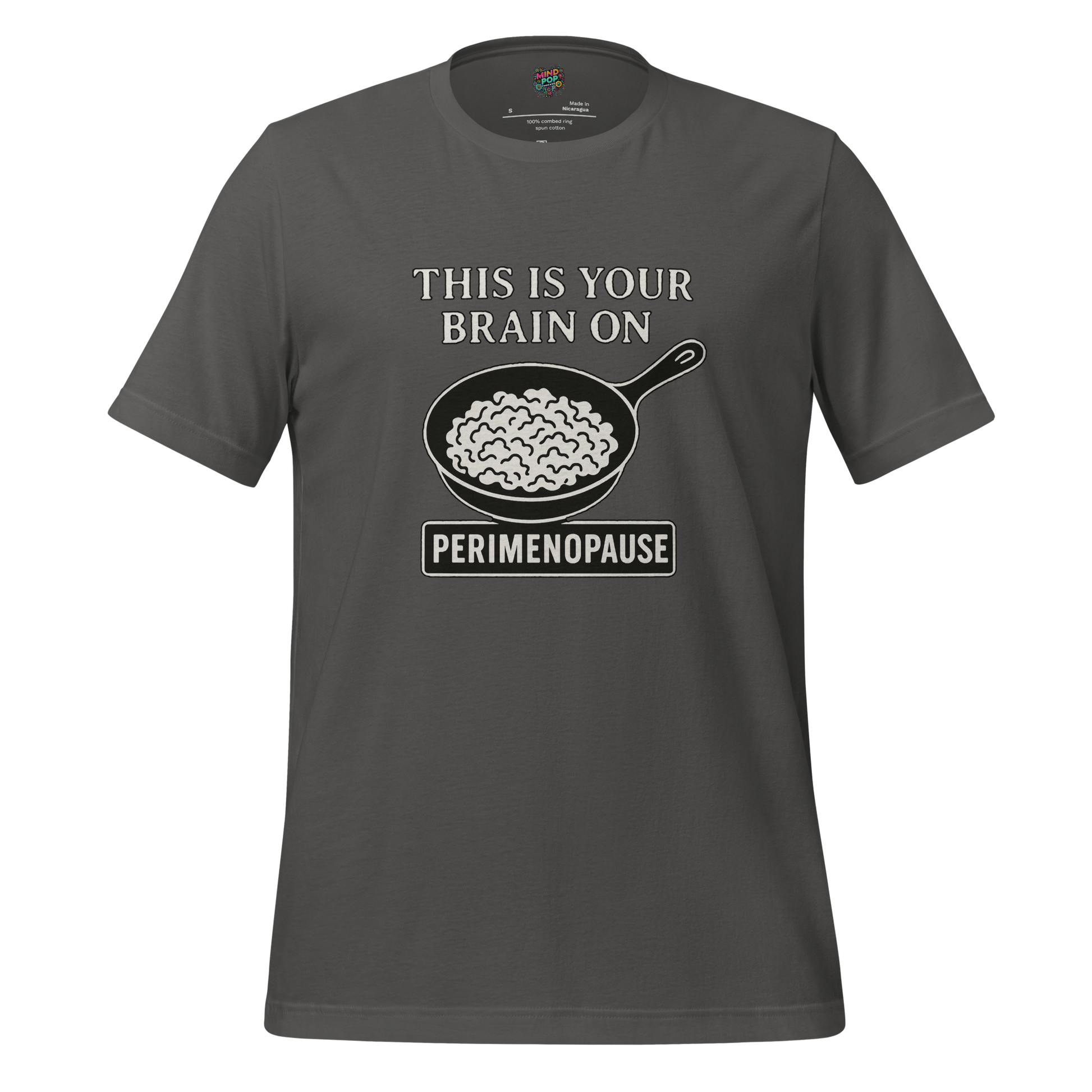 Black and white line drawing of scrambled eggs in a skillet with caption “This Is Your Brain on Perimenopause” — humorous take on hormone chaos
