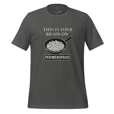 Black and white line drawing of scrambled eggs in a skillet with caption “This Is Your Brain on Perimenopause” — humorous take on hormone chaos
