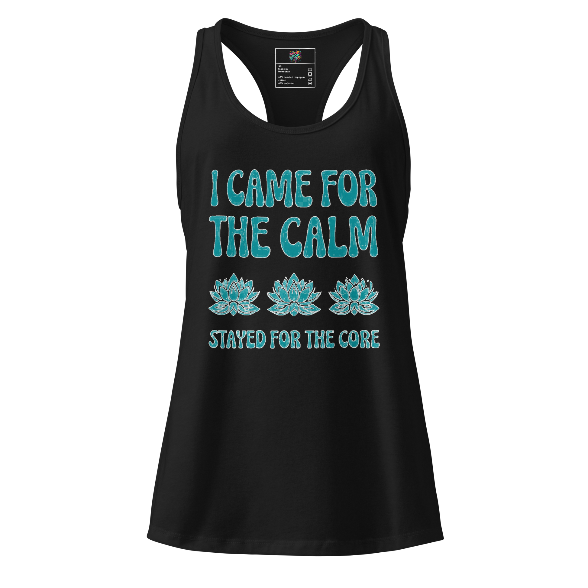Fitted racerback yoga tank with distressed text reading “I Came for the Calm, Stayed for the Core” — funny workout shirt for sarcastic yogis

