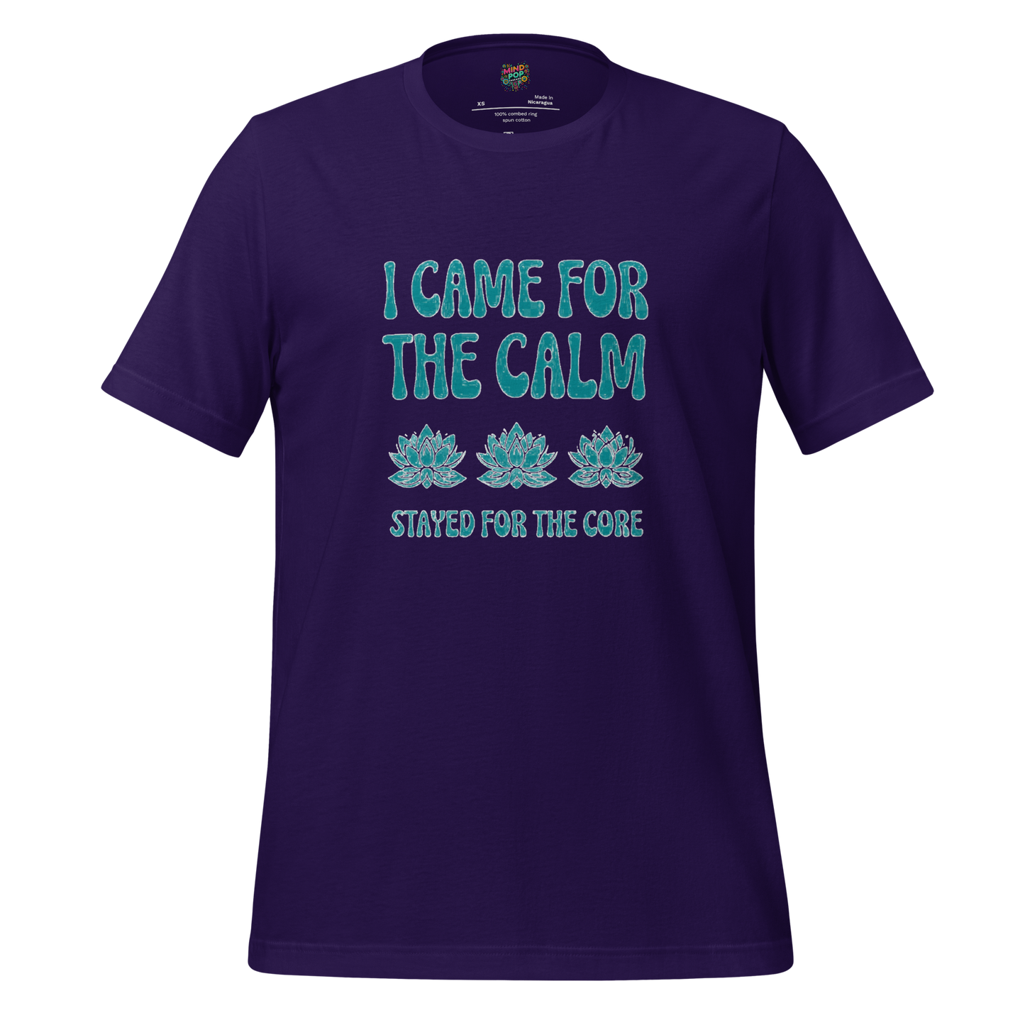 Retro-style yoga shirt with distressed text reading “I Came for the Calm, Stayed for the Core” — funny fitness tee for reluctant plankers