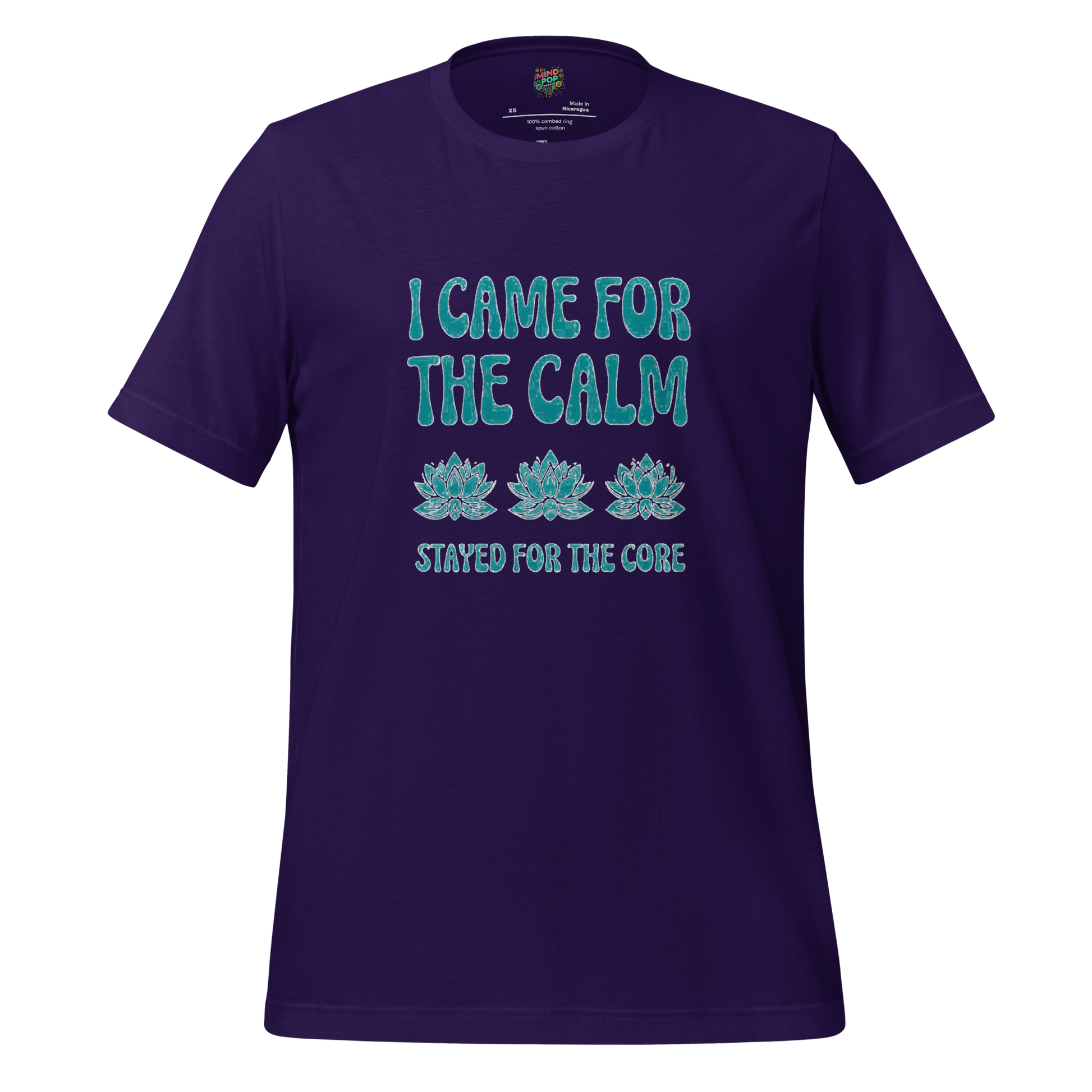 Retro-style yoga shirt with distressed text reading “I Came for the Calm, Stayed for the Core” — funny fitness tee for reluctant plankers