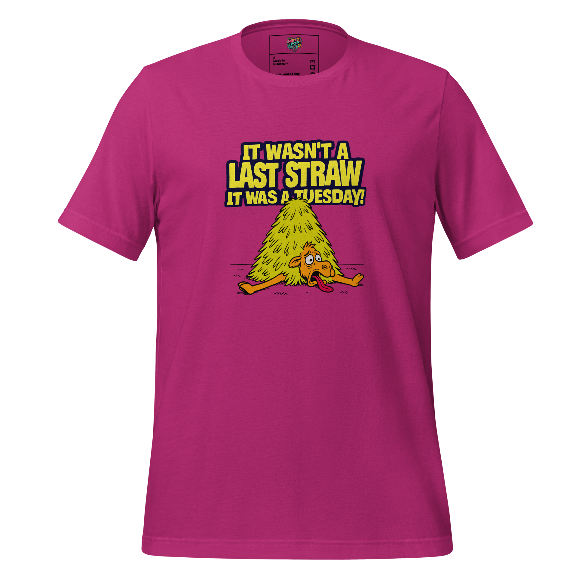Funny burnout tee showing an annoyed cartoon camel cracking under pressure—“A Camel’s Last Straw (Tuesday)” is peak midweek collapse energy.