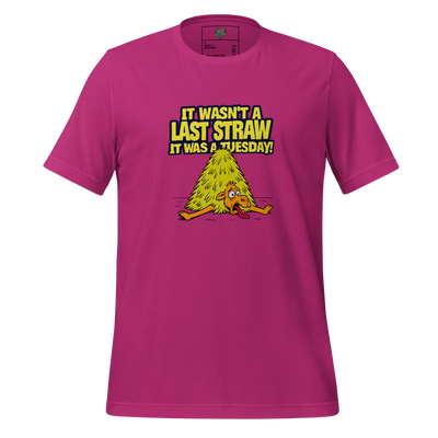 Funny burnout tee showing an annoyed cartoon camel cracking under pressure—“A Camel’s Last Straw (Tuesday)” is peak midweek collapse energy.