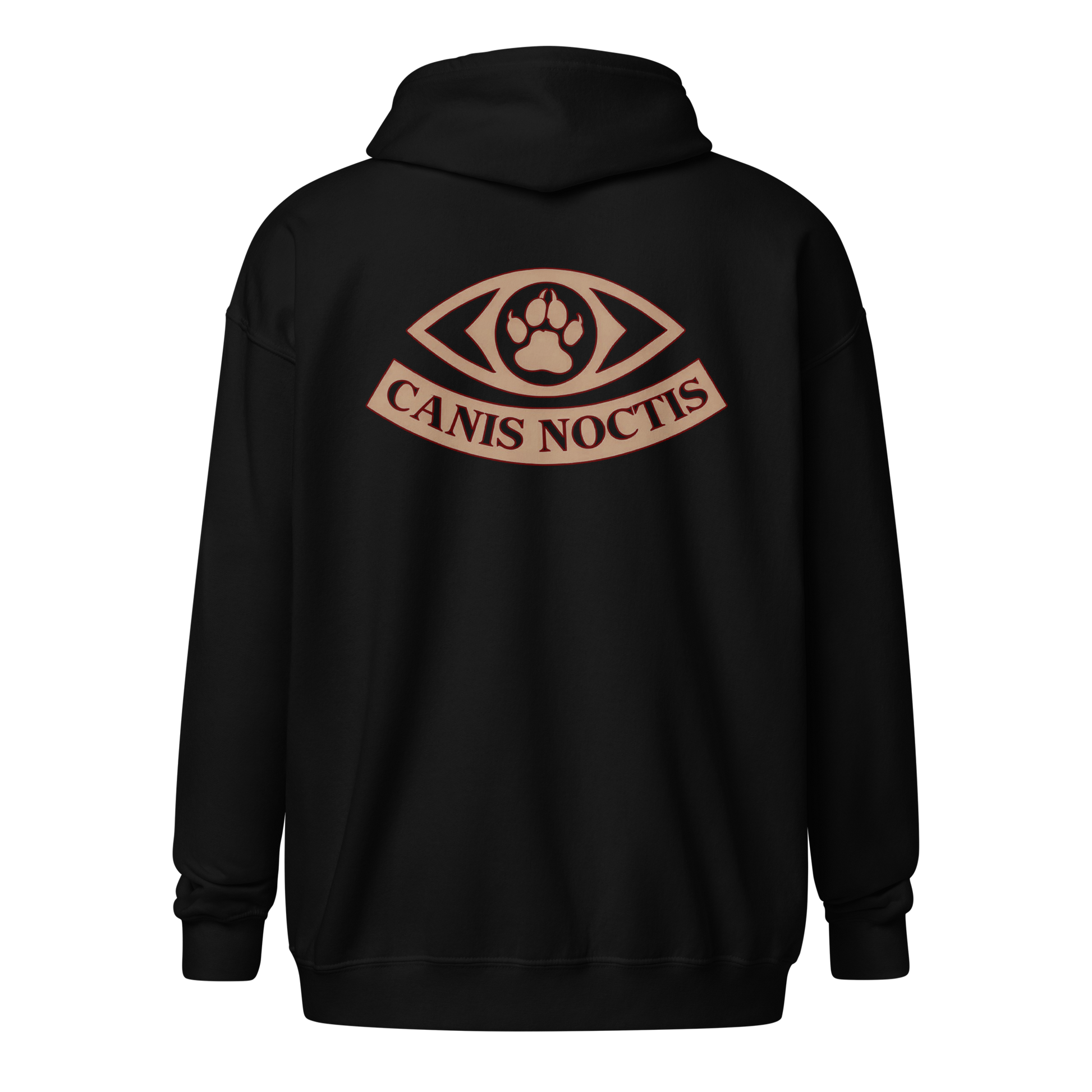 Zip-up hoodie with “Canine Noctus” design featuring a shadowy dog silhouette howling at the moon—dark, mysterious, and loyal to the cult.