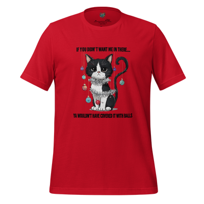 Smug cartoon cat causing destruction in a Christmas tree — funny holiday shirt for cat lovers and festive chaos enthusiasts
