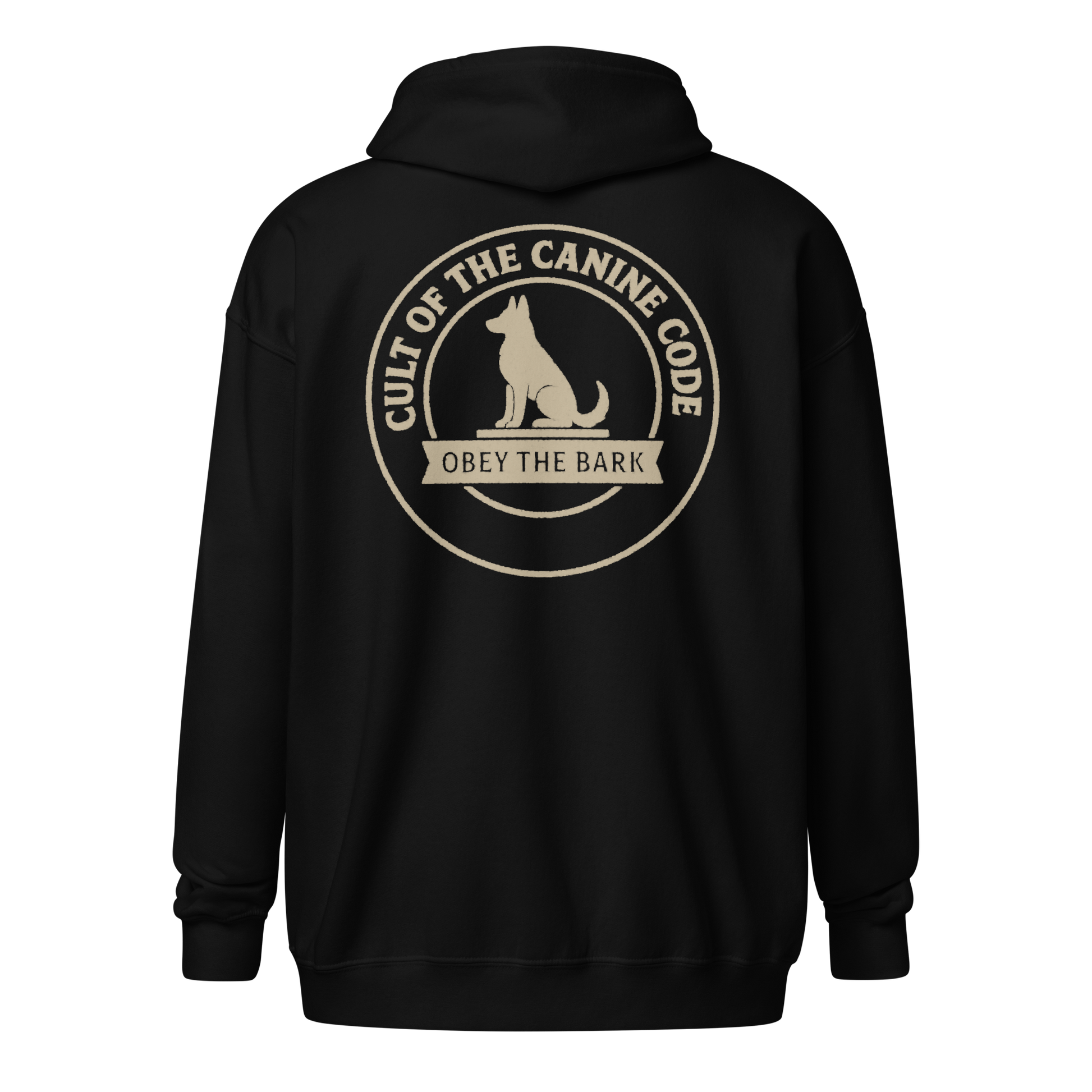 Dog-themed cult-style zip-up hoodie with mystical canine graphic — perfect for dog lovers who worship at the altar of snacks, scritches, and loyalty