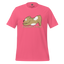 Cartoon dog in downward dog yoga pose with text on Pink shirt