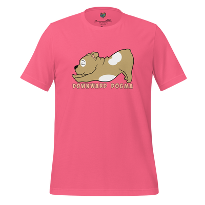 Cartoon dog in downward dog yoga pose with text on Pink shirt