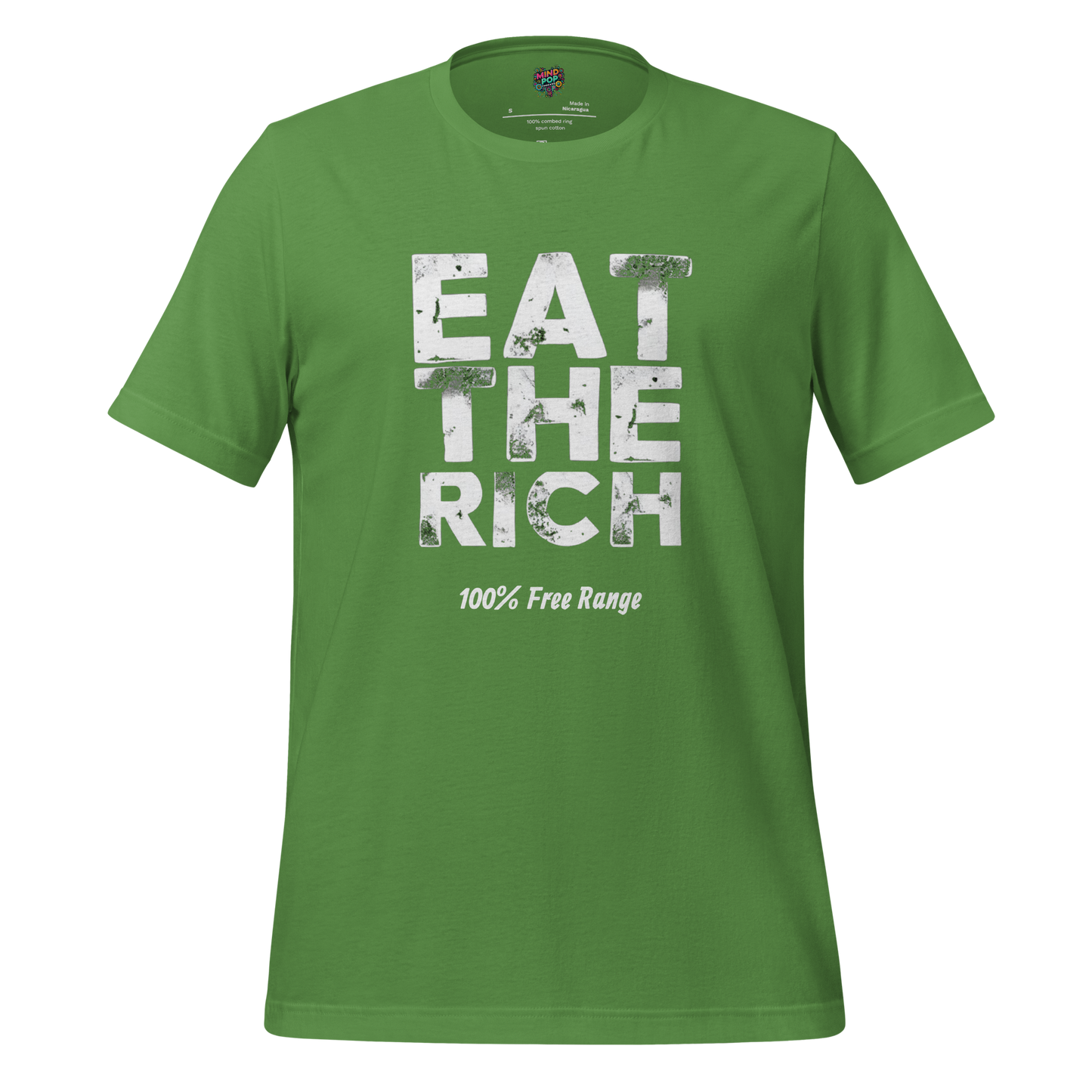 Funny political shirt with the phrase “Eat the Rich – 100% Free Range” in bold vintage-style text — sarcastic anti-elitist tee with dark humor bite