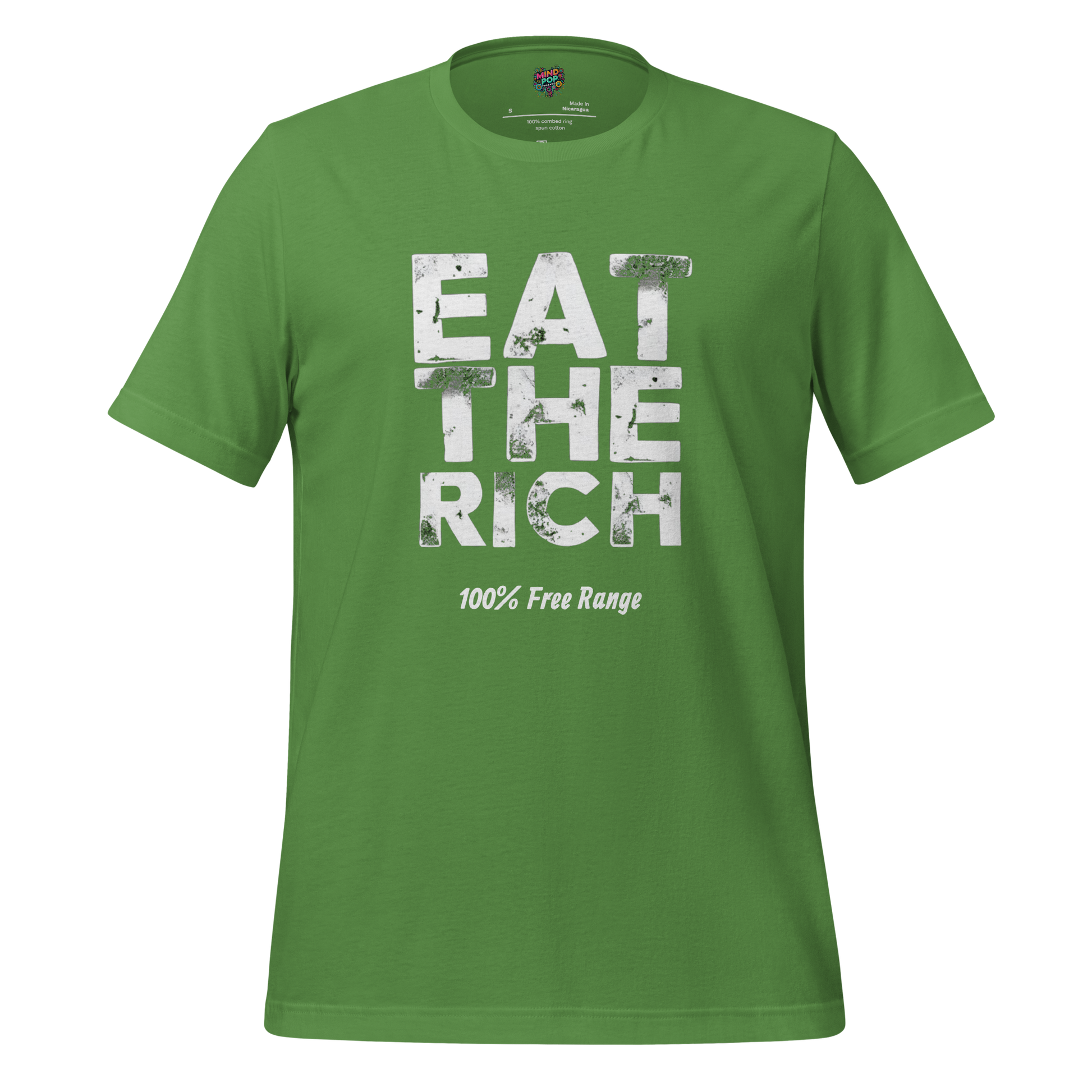 Funny political shirt with the phrase “Eat the Rich – 100% Free Range” in bold vintage-style text — sarcastic anti-elitist tee with dark humor bite