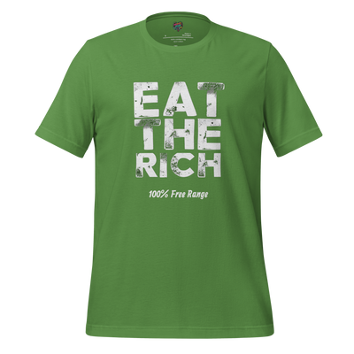 Funny political shirt with the phrase “Eat the Rich – 100% Free Range” in bold vintage-style text — sarcastic anti-elitist tee with dark humor bite