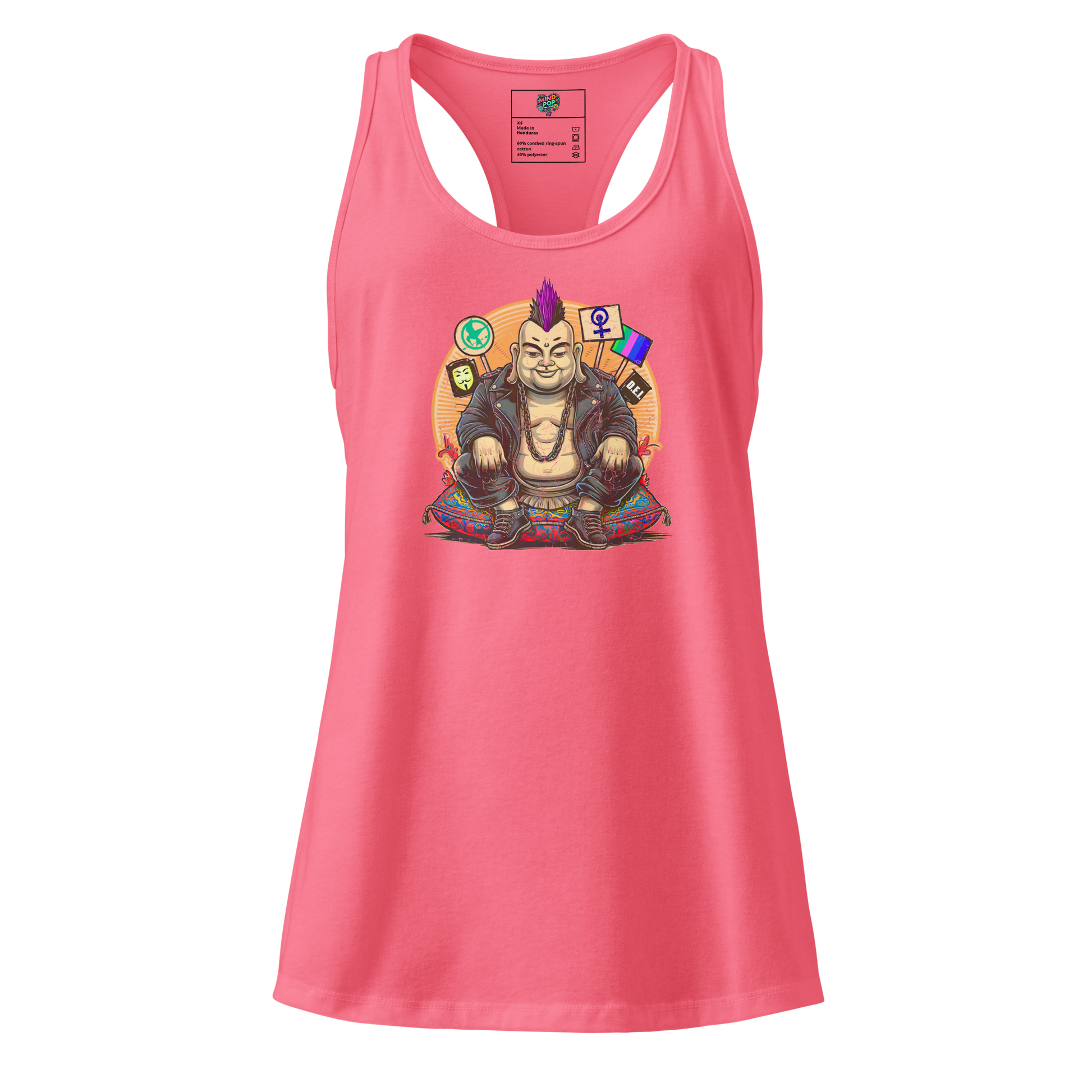 Fitted racerback tank top featuring a punk-inspired Buddha sitting in meditation with mohawk and attitude — perfect for rebellious yogis and mindful punks

