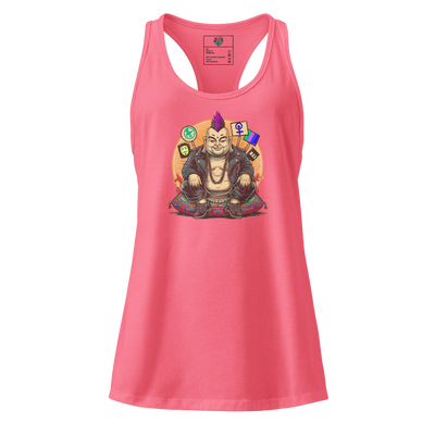 Fitted racerback tank top featuring a punk-inspired Buddha sitting in meditation with mohawk and attitude — perfect for rebellious yogis and mindful punks


