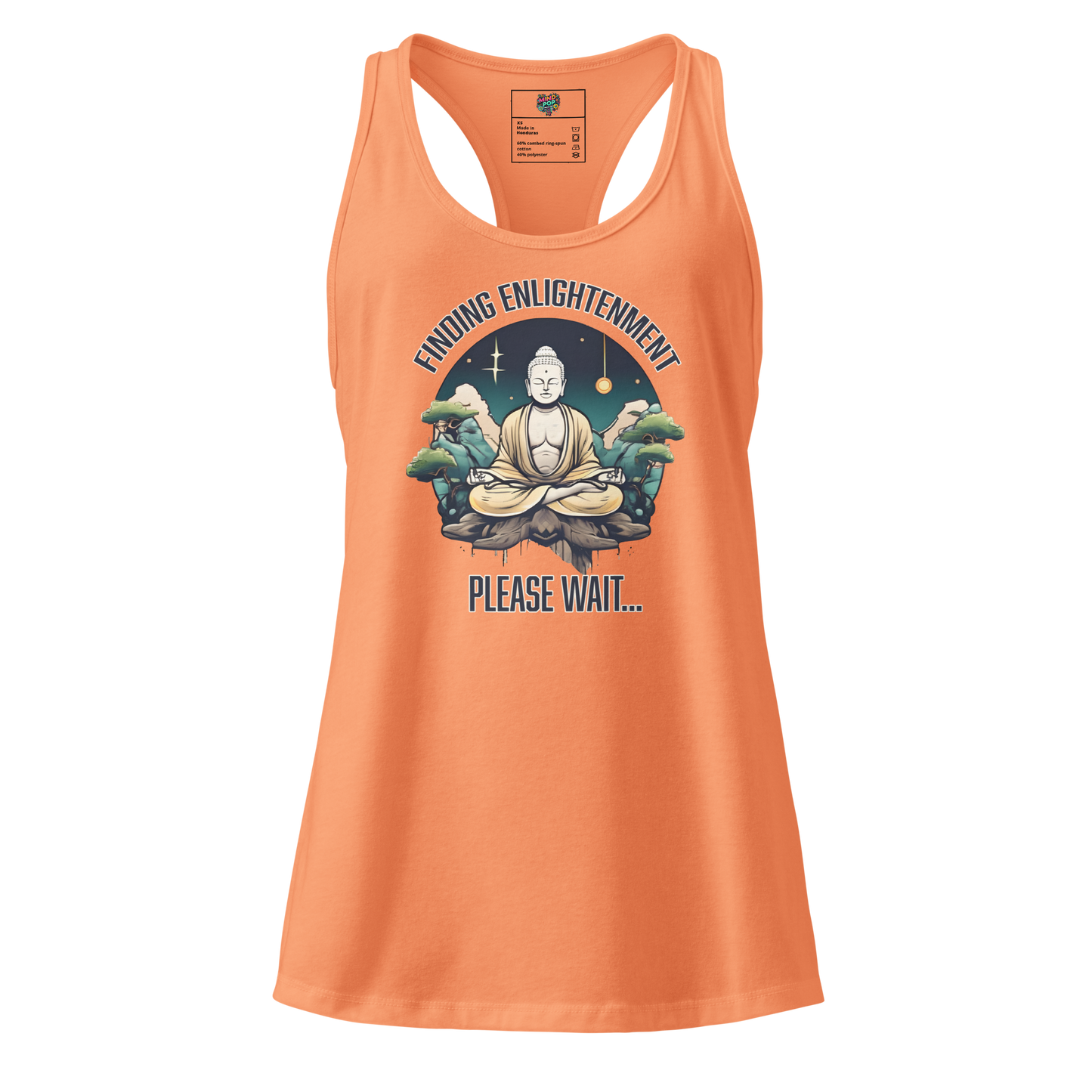 Fitted racerback tank top with serene Buddha sitting in a garden — peaceful spiritual design for zen seekers and calm cultivators

