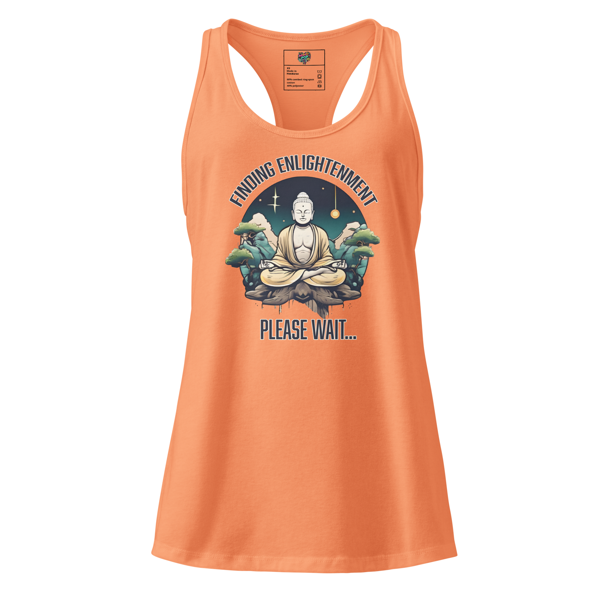 Fitted racerback tank top with serene Buddha sitting in a garden — peaceful spiritual design for zen seekers and calm cultivators

