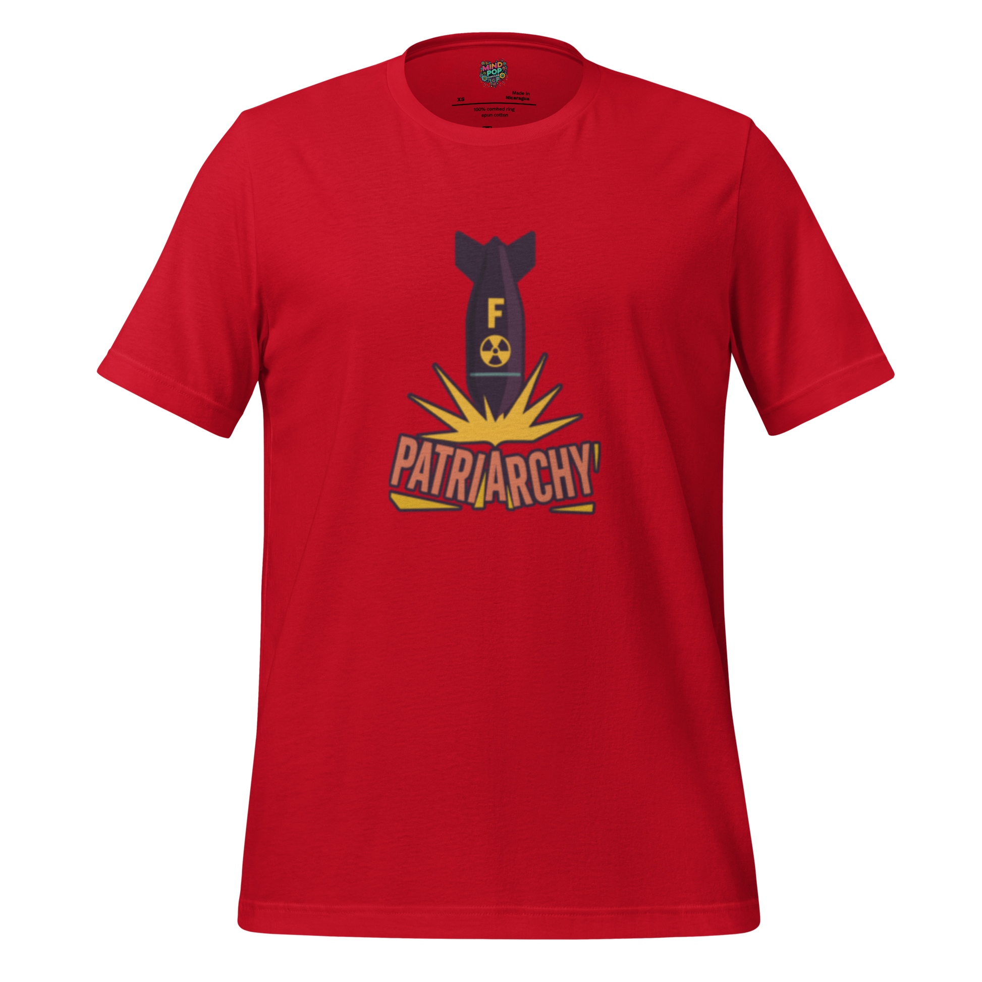 Bold feminist protest shirt featuring a cartoon-style atomic bomb labeled “F*ck” detonating over the word “Patriarchy” — graphic tee for full-volume resistance