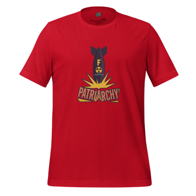 Bold feminist protest shirt featuring a cartoon-style atomic bomb labeled “F*ck” detonating over the word “Patriarchy” — graphic tee for full-volume resistance