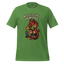Cartoon man chained to office desk while fire-breathing dragon boss looms behind in necktie — funny burnout fairytale illustration leaf green t-shirt