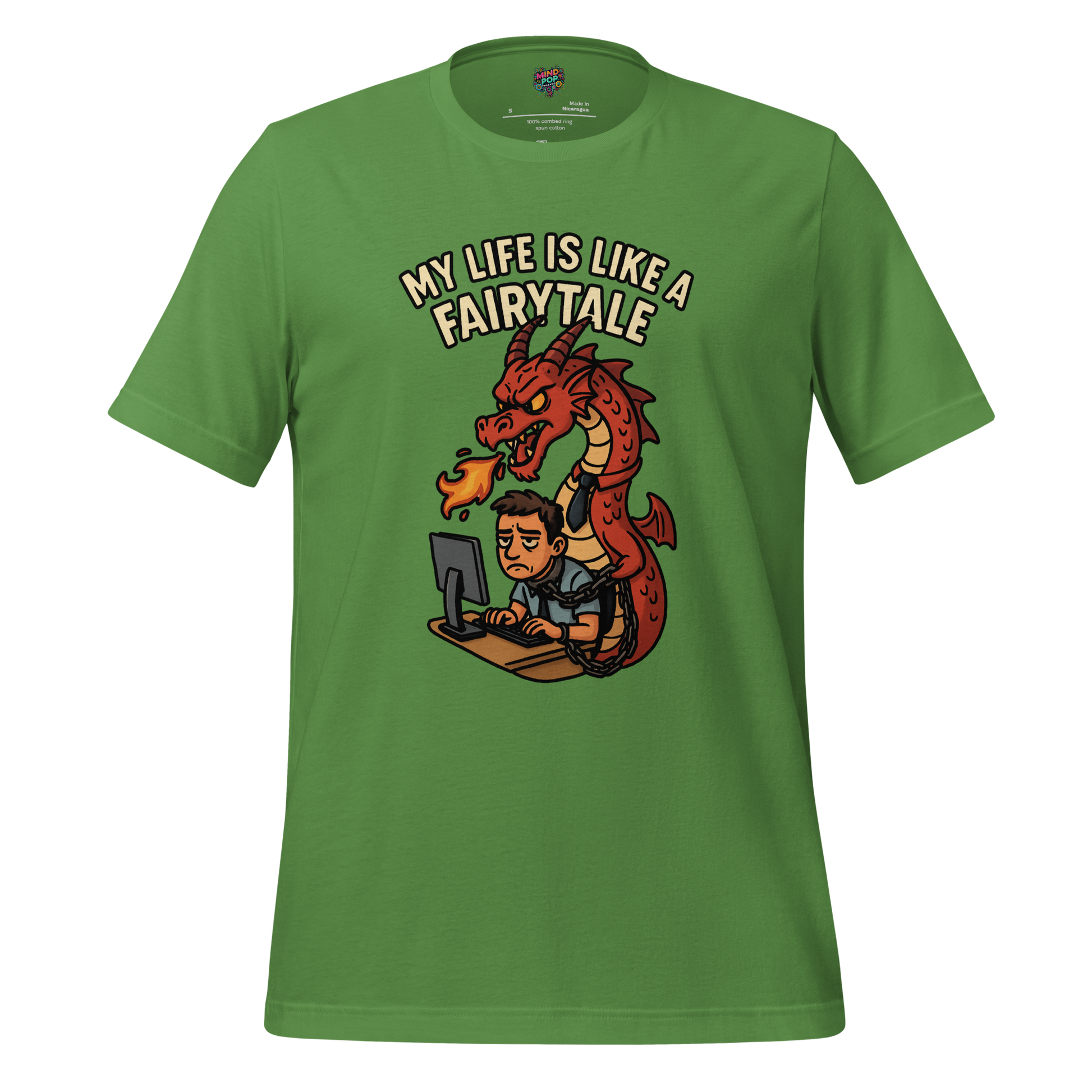 Cartoon man chained to office desk while fire-breathing dragon boss looms behind in necktie — funny burnout fairytale illustration leaf green t-shirt